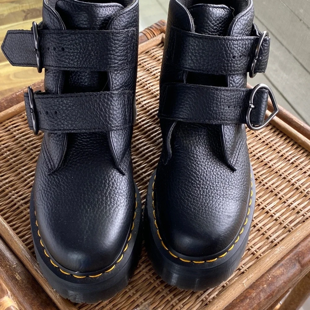 Dr. Martens Black Leather Platform Heart-Buckle Combat Boots - Picture 2 of 7